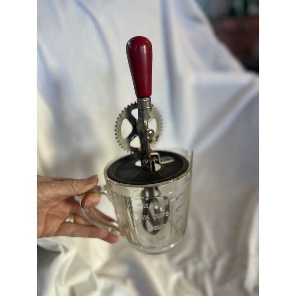 Vtg A&J Ekco Egg Beater Hand Mixer Glass Measuring  Cup Pitcher Red Wood Handle